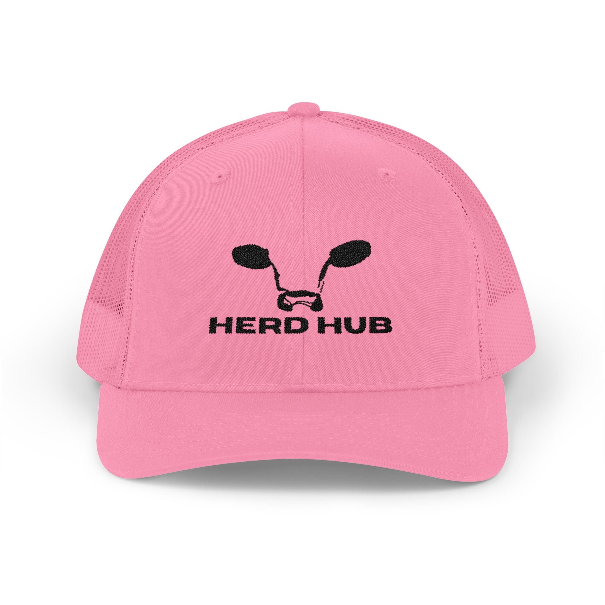 Herd Hub Snapback Trucker Cap — Pink Cow Logo Mesh Hat