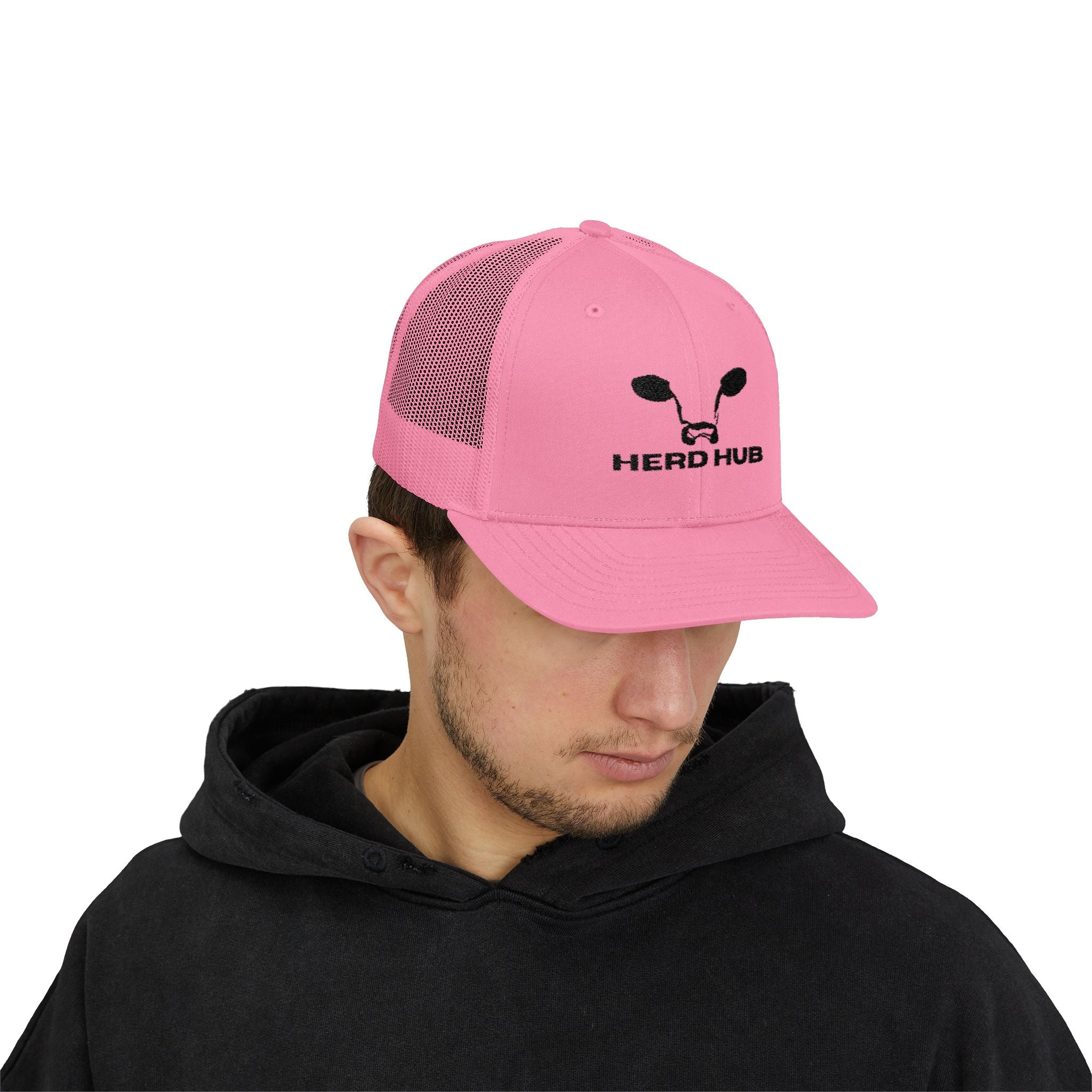 Herd Hub Snapback Trucker Cap — Pink Cow Logo Mesh Hat